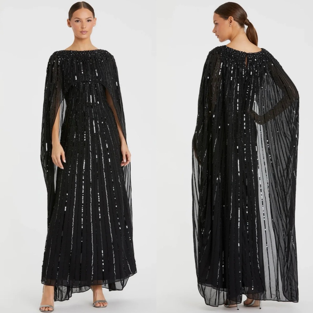 NEW NWT Mac Duggal Embellished Beaded Column Cape Gown In Black
